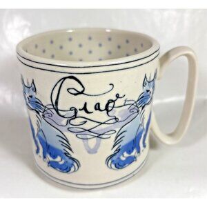 Anthropologie Ciao Bella Cat Mug White & Blue Lavender Polka Dots Ceramic